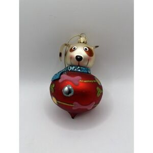 VTG Glass Puppy Dog Christmas Ornament Red Glitter Sweater Heart Bone Design